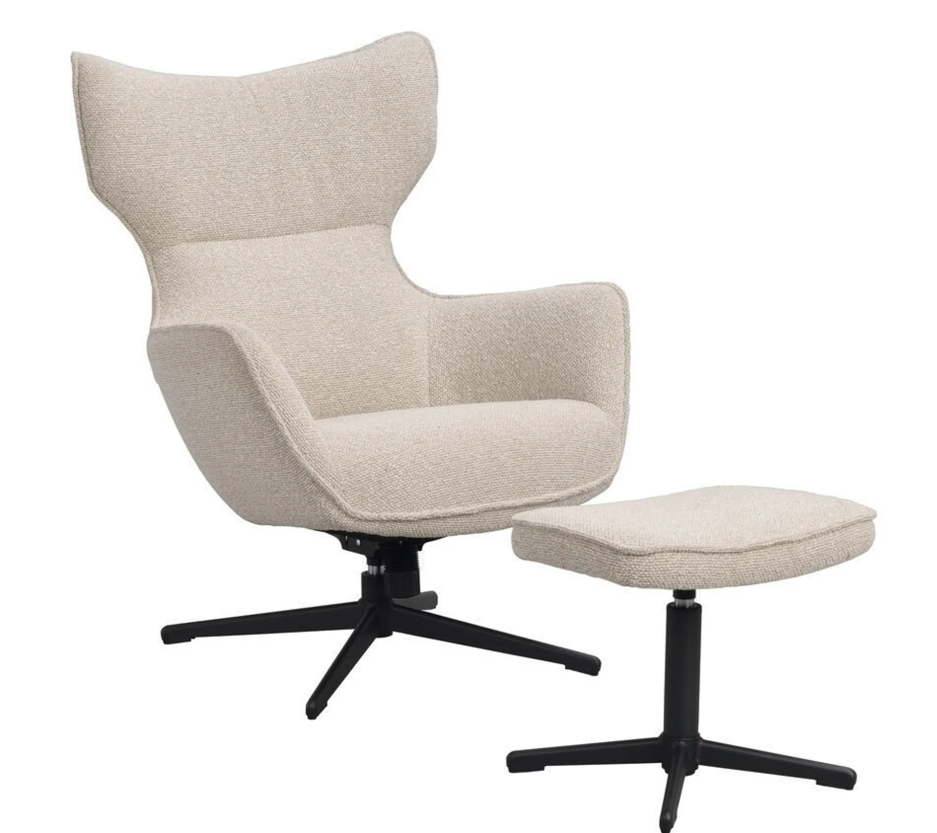 JENKINS Fåtölj+fotpall beige tyg/svart metall snurr, gung