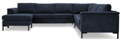 KINGSTON Hörnsoffa 3SDH2 m divan vänster tyg Centauri Deep blue, arm Rochester, svarta metallben