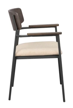MAYMONT karmstol brun ekrygg/ljusbeige tyg/svart metall stapelbar