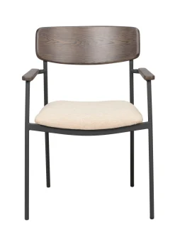 MAYMONT karmstol brun ekrygg/ljusbeige tyg/svart metall stapelbar