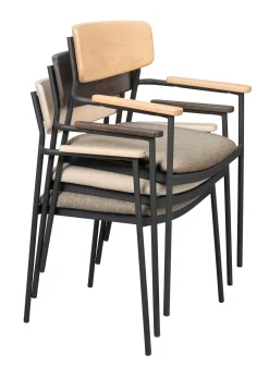 MAYMONT karmstol brun ekrygg/ljusbeige tyg/svart metall stapelbar