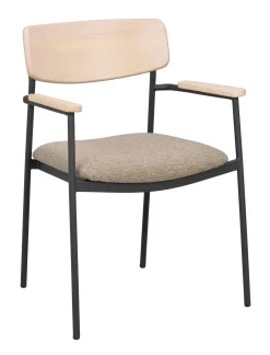 MAYMONT karmstol vitpig.ekrygg/mörkbeige tyg/svart metall stapelbar
