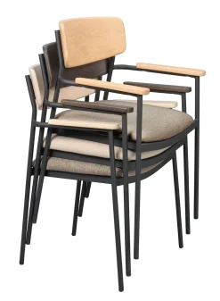 MAYMONT karmstol vitpig.ekrygg/mörkbeige tyg/svart metall stapelbar