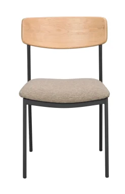 MAYMONT stol ekrygg/mörkbeige tyg/svart metall stapelbar