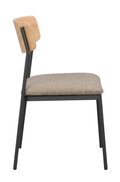 MAYMONT stol ekrygg/mörkbeige tyg/svart metall stapelbar