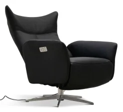 MIAMI Fåtölj med inbyggd pall el funktion, läder Soleda svart, fot Elegant D1 borstad stål