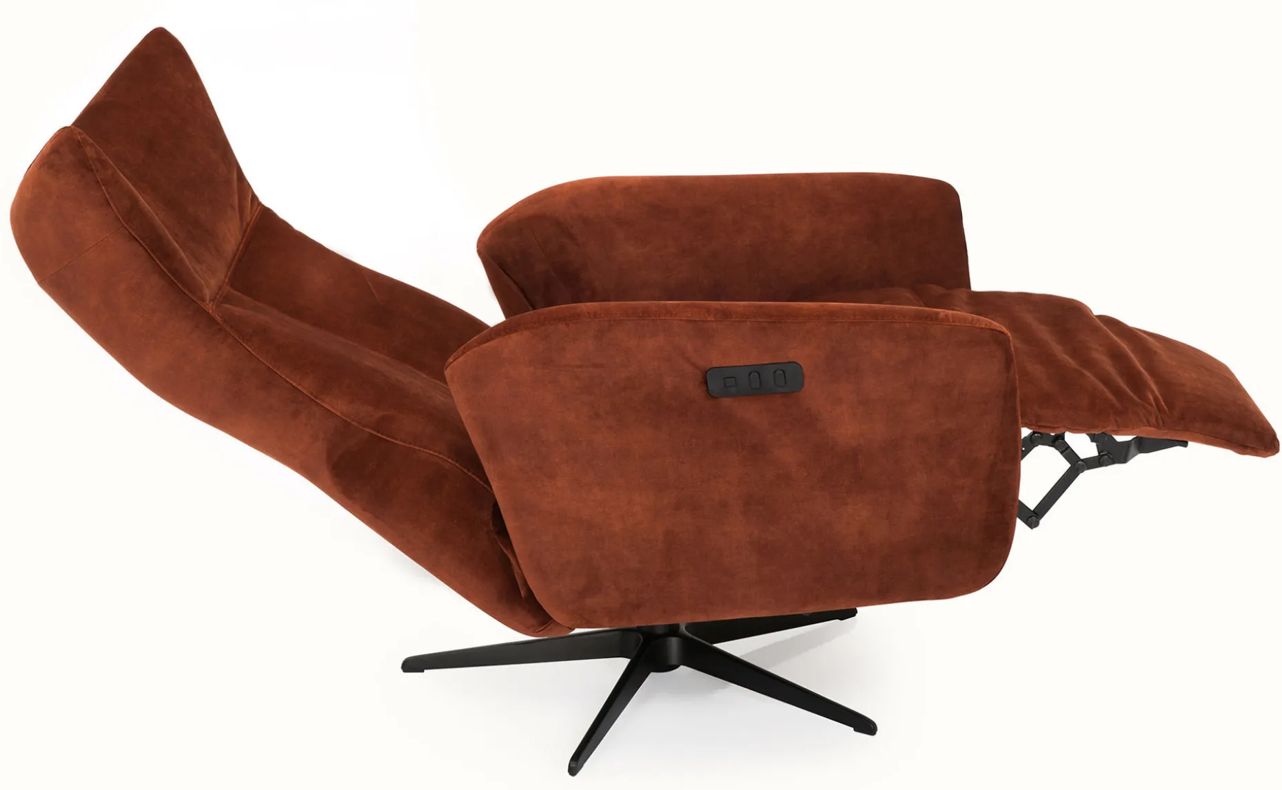 MIAMI Reclinerfåtölj m inbyggd pall elman. tyg Adore 3156 copper, fot D2 svart