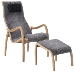 MUSSE Fåtölj fast inkl pall fårskinn Scand.Grey/linneväv natur/Grand svart/oljad ek PAKETPRIS *NY*