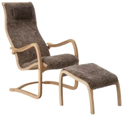 MUSSE Fåtölj svikt inkl pall fårskinn Sahara/linneväv natur/Vintage brown/oljad ek PAKETPRIS *NY*