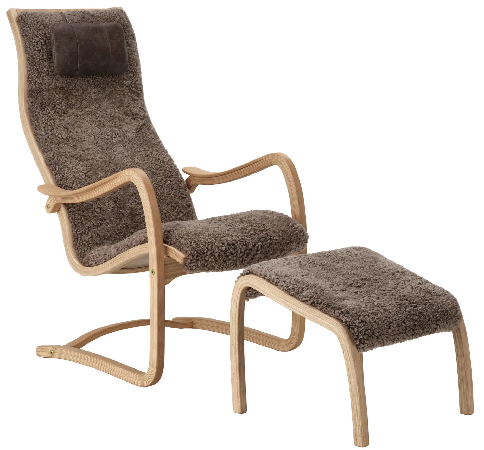 MUSSE Fåtölj svikt inkl pall fårskinn Sahara/linneväv natur/Vintage brown/oljad ek PAKETPRIS *NY*