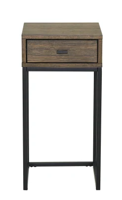 REGGIANO Sängbord H60, brunlackad ek, svarta metallben, låda, lackad ekfaner