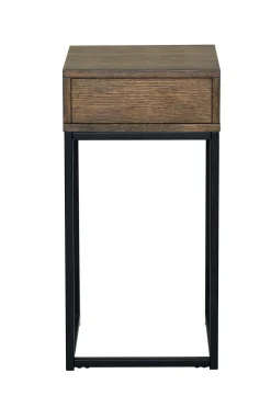 REGGIANO Sängbord H60, brunlackad ek, svarta metallben, låda, lackad ekfaner