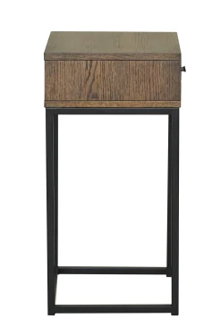 REGGIANO Sängbord H60, brunlackad ek, svarta metallben, låda, lackad ekfaner