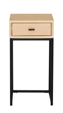 REGGIANO Sängbord H60, vitpigmenterad ek, svarta metallben, låda, lackad ekfaner, wl100