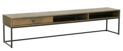 REGGIANO TV-bänk 180cm, brunlackad ek, svarta metallben, låda och hylla, lackad ekfaner, max 40 kg