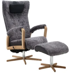 RELAX Snurrfåtölj inkl pall fårskinn Scand.Grey/Facet 4 mörkgrå/Grand svart/oljad ek/krom PAKETPRIS *NY*