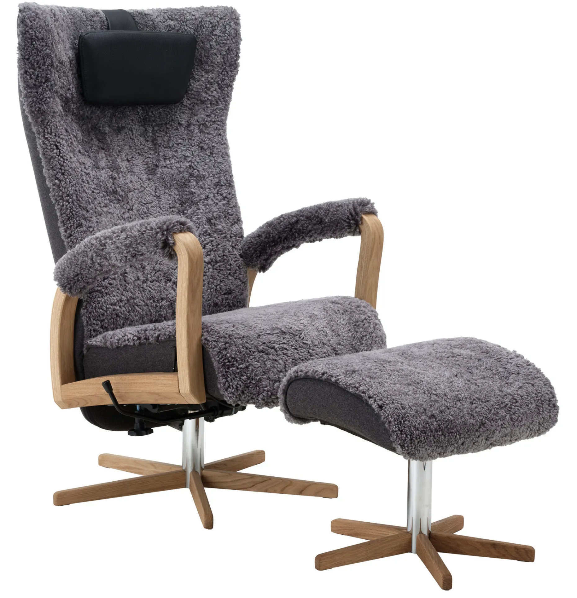 RELAX Snurrfåtölj inkl pall fårskinn Scand.Grey/Facet 4 mörkgrå/Grand svart/oljad ek/krom PAKETPRIS *NY*