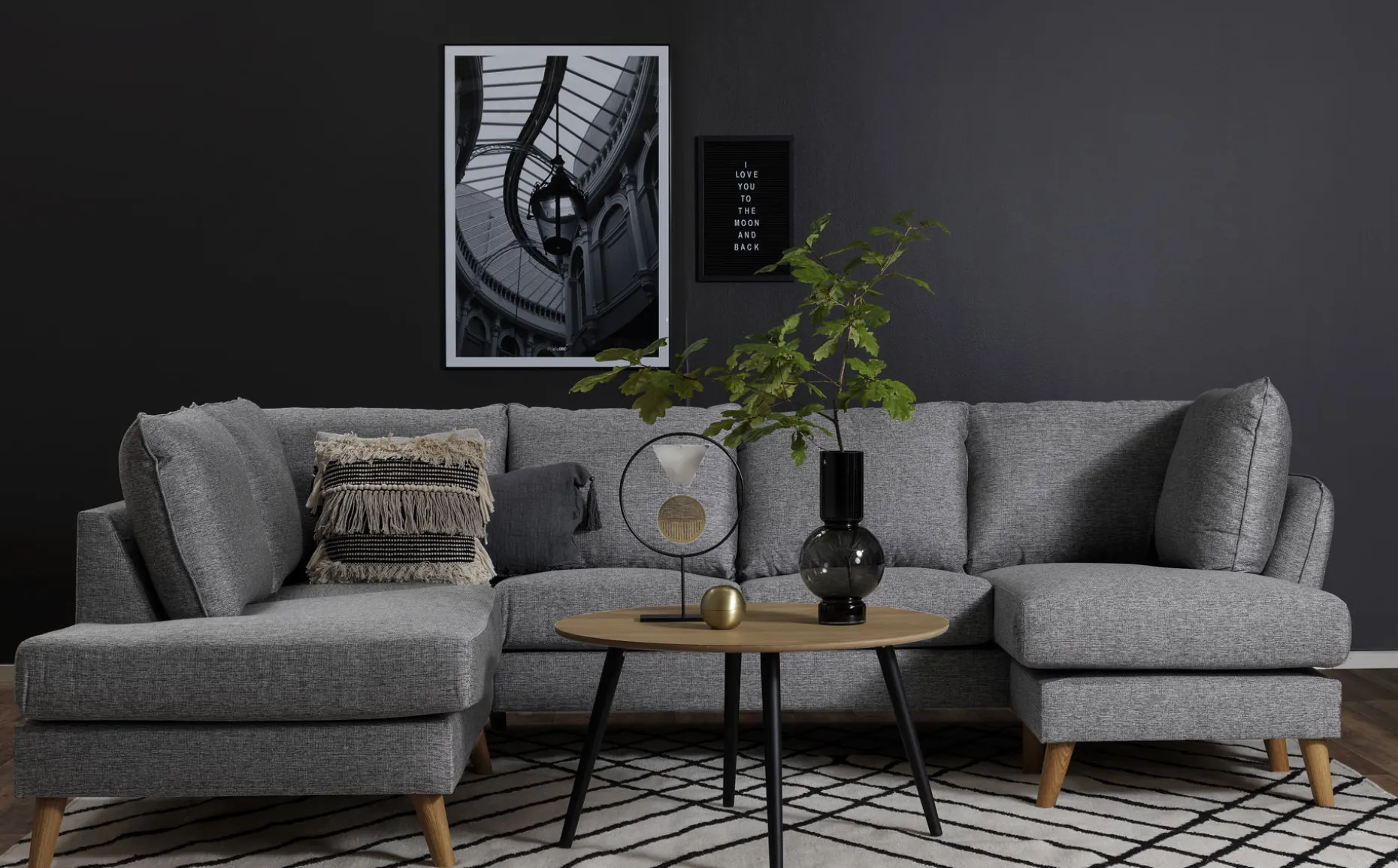 TRENTON Hörnsoffa A3D m divan + öppet avsl vä tyg Rocco grå 281/ek ben